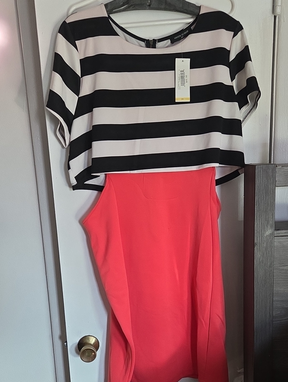 Fashion to Figure Black & White Striped Crop Top with Coral Skirt Set